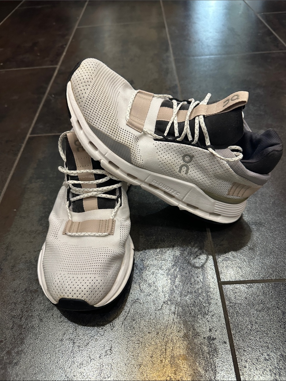 On Running Women’s Athletic Shoes in Off-White and Black with Beige Accents